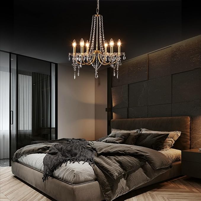Crystal Gold Chandeliers for Dining Room, Modern Crystal Brass Chandelier Light Fixture, Vintage Pendant Light for Living Room Bedroom Bathroom Entryway Hallway E12 Bulbs D19 in x H24 in