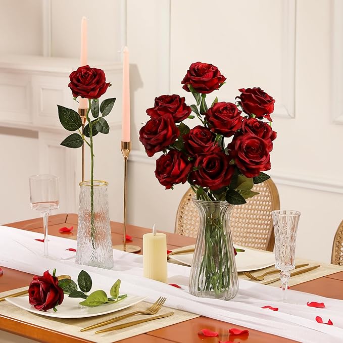 Nubry 100pcs Artificial Silk Roses Bulk,Fake Roses Flower with Stems Realistic Flowers for Wedding Centerpiece Home Party Decor(Burgundy)