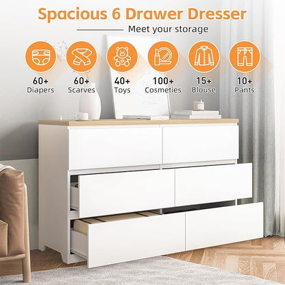 Dresser for Bedroom,Modern Large Wood Dresser,6 Chest of Drawers,Living Room,Hallway,Entryway,TV Stand Drawer Organizer(White&Natural)