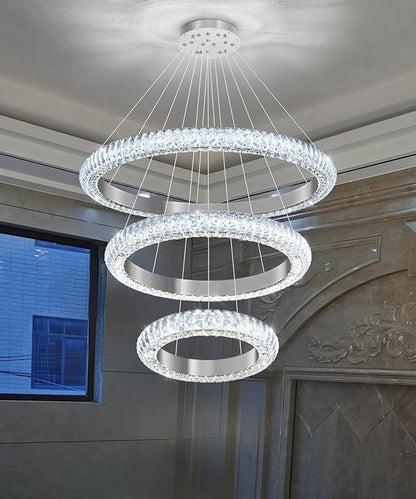 31.5" 3 Ring Crystal Chandelier Modern LED Dimmable Ring Pendant Light Round Chandelier for Dining Room Living Room Silver