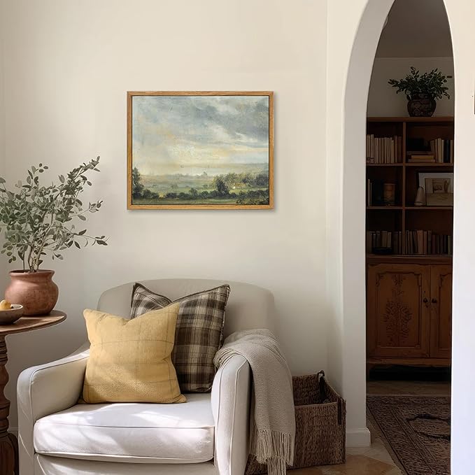 KBKBART Framed Vintage Landscape Wall Art Prints, Retro Green Forest Valley Nature Wilderness Illustrations Canvas Painting, Farmhouse Decor Wall Art Ready To Hang for Bedroom, Living Room, Bathroom,