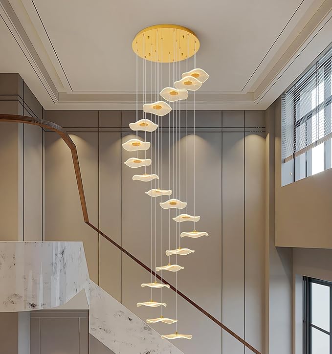 ziidoo High Ceiling Chandelier - 18-Light Dimmable Modern Gold Long Spiral Luxury Linear Lotus Leaf Led Lamp Hanging Pendant Lights for Foyer Enterway Staircase Villas