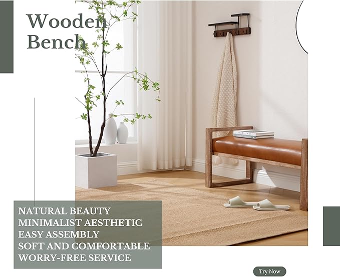 Kmax Entryway Bench, Wooden Upholstered Bench for Bedroom End of Bed with Hollow Arms Farmhouse for Entry Way Bedroom Living Room - PU, Brown