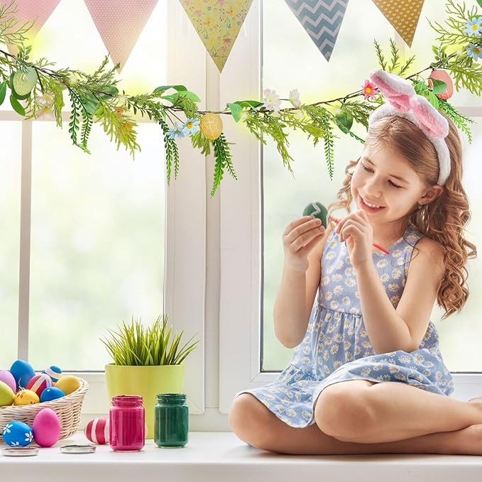 LOMIMOS 6.7FT Easter Lighted Garland,Artificial Spring Vine Branche with Easter Egg Berries Flower for Mantle Fireplace Home Table Party Decoration