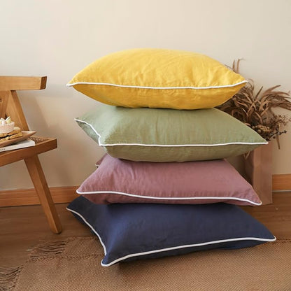 Simple&Opulence 100% Linen Euro Sham Covers with Piping Trim, 26"x26" Pillow Cover Set of 2, Breathable Pillow Shams for Bed Couch Decorative Cushions, Classic Blue