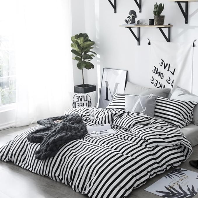 CLOTHKNOW Striped Queen Comforter Set Black and White Bedding Comforter Sets All Season Farmhouse Comforter Queen with 2 x Pillow Cases