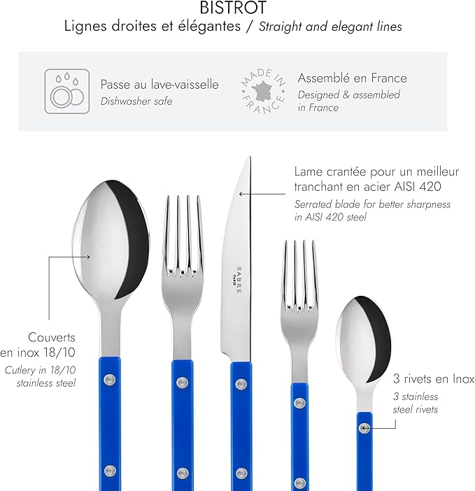 5-Piece Flatware Set - Bistrot Collection - Knife, Fork, Soup Spoon, Teaspoon & Dessert Fork - Stainless Steel & Nylon - Dishwasher Safe - Lapis Blue - Brilliant Finish