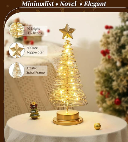 Lewondr Christmas Tree Light, 13 Inch Spiral Christmas Tree Desk Decorative Light, Battery Powered Star Table Lamp with Metal Stand Home Bedroom Decor Xmas Ornament, Gold