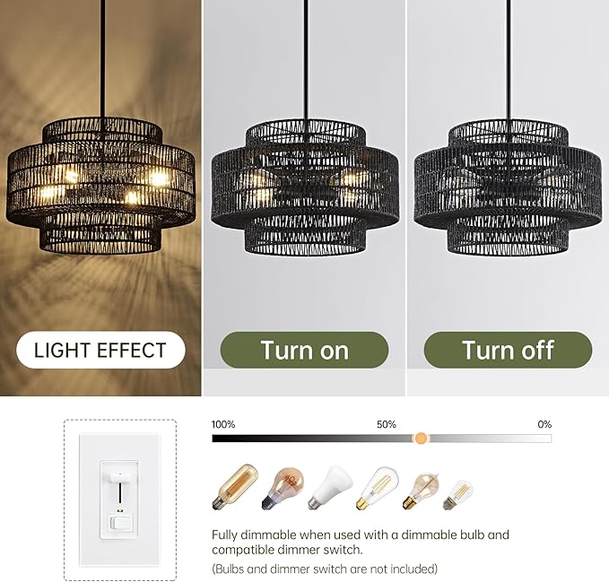 4-Light Black Boho Rattan Chandelier Light Fixture, 17.7” Hand Woven Rustic Chandeliers Farmhouse Chandelier Hanging Light for Dining Room Kitchen Island, Living Room, Foyer