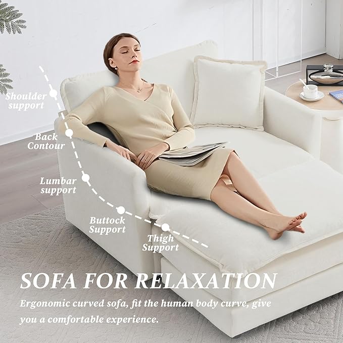 SoarFlash Chenille Sectional Sofa, Comfy Modular Single Sofa with Ottoman, Modern Recliner Deep Seat Sofa Set for Living Room,White