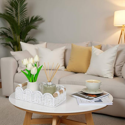 CubesLand Scalloped Edge Toilet Paper Storage Basket, Living Room Home Cozy Decor Basket, Paper Rope Small Baskets for Over Toilet Storage Shelf, Shelves, with 2 Wooden Handles, White