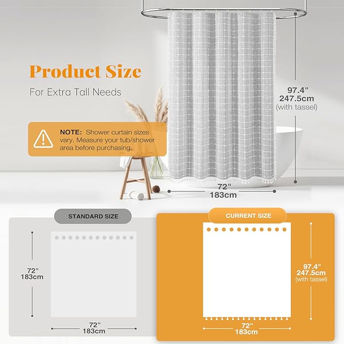 BTTN Extra Long Shower Curtain - 72x96 Inch Long Boho Chic Linen Fabric Heavy Duty Shower Curtain Set with Hooks, Tall Bohemian Farmhouse Luxury Tassel Cloth Shower Curtains for Bathroom - Gray/Grey