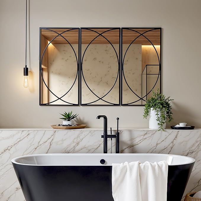 LuxenHome 3 Pieces Black Metal Rectangular Wall Mirror Set Large Vanity Mirror for Bedroom, Black Accent Metal Entryway Wall Mirror, Wall Mounted Mirror Living Room Wall Decor