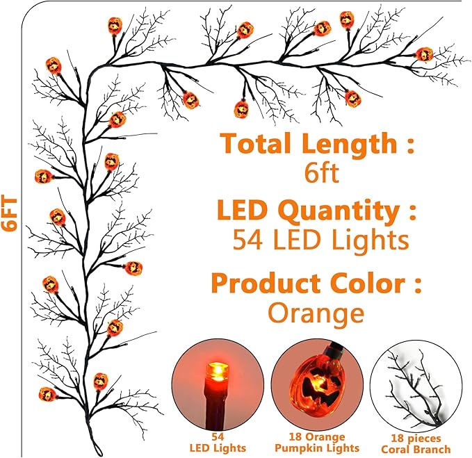[ 8 Modes & Timer 6 Ft 54 LED Halloween Willow Vine Twig Decor Garland with 18 Pumpkins Orange Lights Waterproof Battery Operated Halloween Decorations for Home Wall Mantle Fireplace Decor