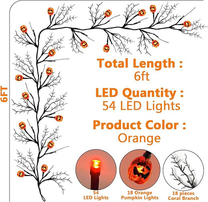 [ 8 Modes & Timer 6 Ft 54 LED Halloween Willow Vine Twig Decor Garland with 18 Pumpkins Orange Lights Waterproof Battery Operated Halloween Decorations for Home Wall Mantle Fireplace Decor
