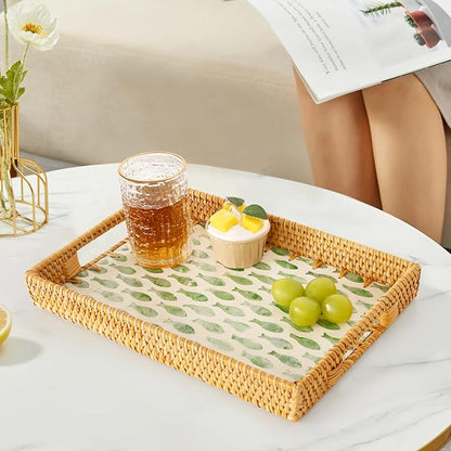 Rectangle Rattan Tray with Mother of Pearl Inlay, Rattan Serving Tray with Handle for Coffee, Bread, Fruits, Snacks, Decorative Wicker Tray for Table Decor (Rectangle Green Fish, 13"×9")