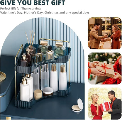 Corner Bathroom Counter Organizer Bathroom Countertop Shelf Makeup Organizer for Vanity Perfume Corner Storage (3 Tiers, Blue)