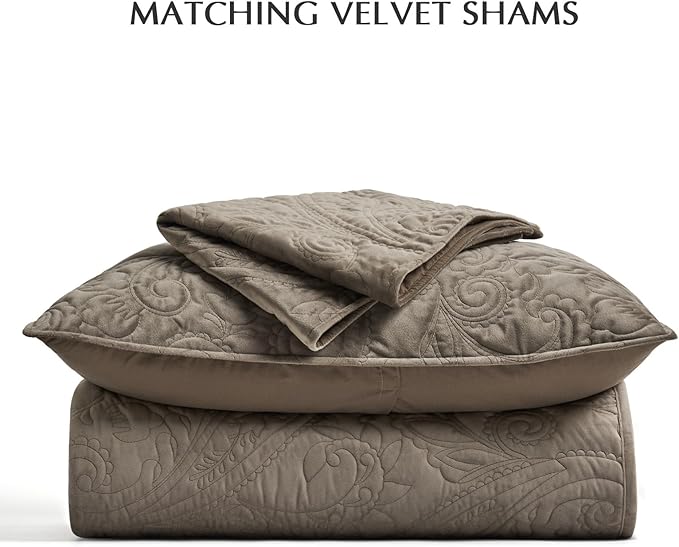 EVERGRACE Luxury Pearl Velvet Quilt Set King Size 3 Pieces, Soft Paisley-Stitch Velvet Comforter Set with Pillow Shams, Lightweight Bedspread Coverlet Bedding Set, Stone Taupe