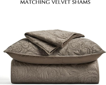 EVERGRACE Luxury Pearl Velvet Quilt Set King Size 3 Pieces, Soft Paisley-Stitch Velvet Comforter Set with Pillow Shams, Lightweight Bedspread Coverlet Bedding Set, Stone Taupe