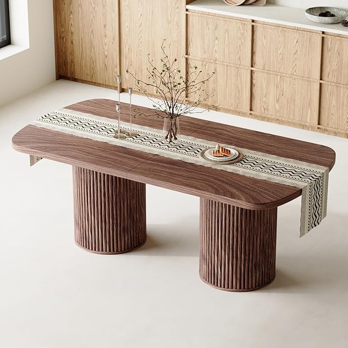 78.7" Extra Long Dining Table for 6-10 People, Farmhouse Kitchen Table with Cylindrical Fluted Bases, Rectangular Dining Table for Dining Room, Kitchen, Living Room, Walnut