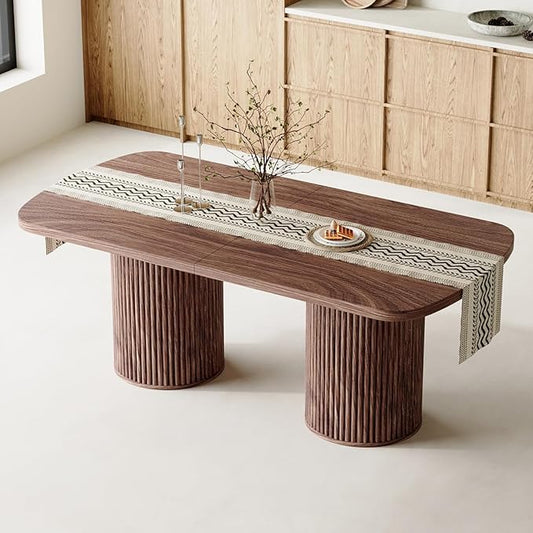 78.7" Extra Long Dining Table for 6-10 People, Farmhouse Kitchen Table with Cylindrical Fluted Bases, Rectangular Dining Table for Dining Room, Kitchen, Living Room, Walnut