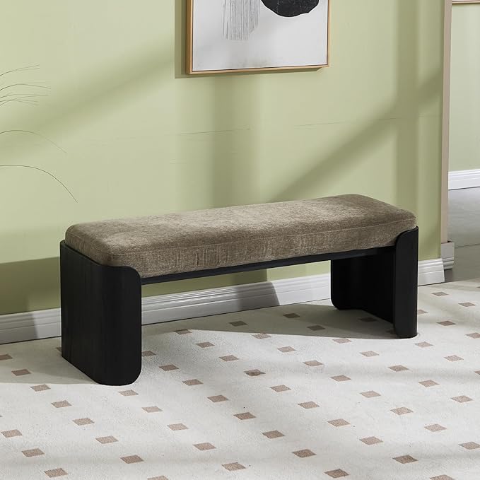 DUOMAY Modern Chenille Bedroom Bench, 49" Wide Long Entryway Bench with Solid Wood Legs Upholstered Dining Bench Ottoman for Living Room Indoor, Green