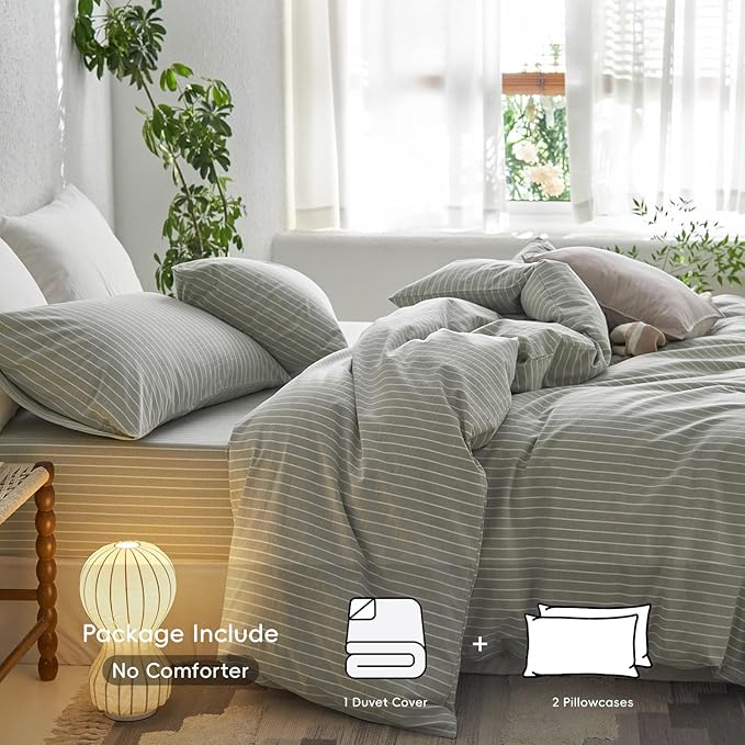 MooMee Striped Duvet Cover Set 100% Washed Cotton Linen Like Textured Breathable Durable Soft Comfy (Sage Green White Wide Stripes, Oversized King Plus 128"x120")