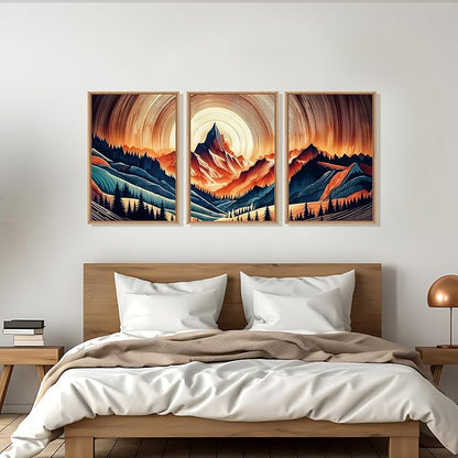 HOURIA Woodland Mountain Framed Canvas Wall Art Set,Natural Boho Tree Ring Wall Decor,Vintage Earth Tone Forest Landscape Artwork,Wilderness Field Art Print for Living Room,Bedroom,Office-16 x24 x3