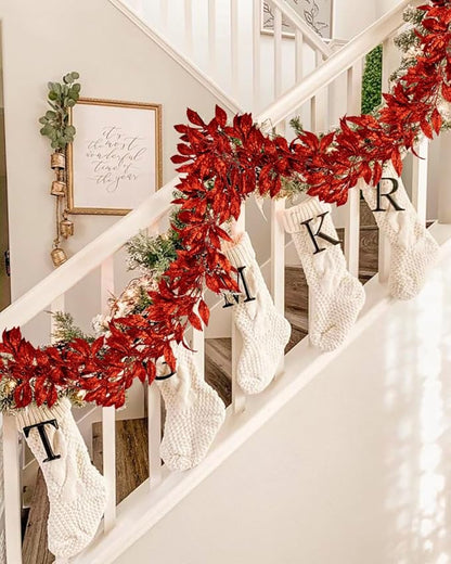 3 Pcs 6FT Christmas Garland Red Glittered Artificial Magnolia Leaves for Mantle Christmas Tree Decorations Indoor Outdoor Hanging Garland Ornaments Garden Door Wall Window Stair Holiday Home Decor