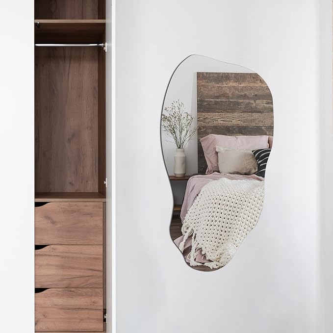 Irregular Asymmetrical Wall Mirror for Living Room Bathroom Entryway, Modern Decorative Mirror Hanging (Hook Style, 32'' x 18'')