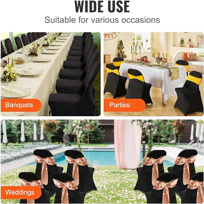 VEVOR Stretch Spandex Folding Chair Covers, Universal Fitted Chair Cover, Removable Washable Protective Slipcovers, for Wedding, Holiday, Banquet, Party, Celebration, Dining (100PCS Black)