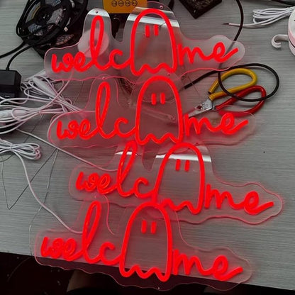 Welcome Ghouls Neon Sign, Spooky Ghost LED Halloween Decor, Haunted House Entryway Light, Available Gothic Haunted Mansion Light for Bedroom Bar Cave Room Decor Party Home-Red