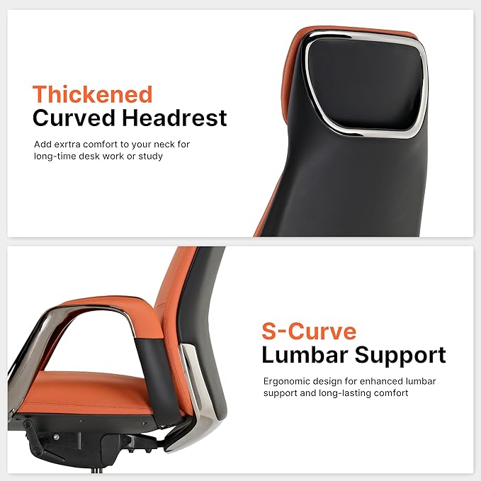 EUREKA ERGONOMIC Serene Executive Office Chair Genuine Leather, Modern Executive Chair 135° Back Support Comfy Desk with Arms & Aluminum Base for Home-Orange