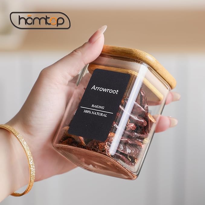 16Pcs 7oz Spice Jars Glass Container with 275 Labels, Airtight Seasoning Empty Organizer with Bamboo Lid Set for Pepper, Salt, Sugar