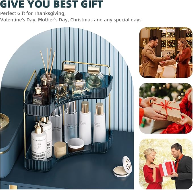 Corner Bathroom Counter Organizer Bathroom Countertop Shelf Makeup Organizer for Vanity Perfume Corner Storage (2 Tiers, Blue)