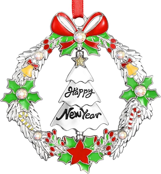 Christmas Ornament 2025 Decoration for Xmas Tree Hanging Metal Christmas Wreath with Rotatable Tree Dated 2025 Shiny Silver Ornaments Holiday Decorative Xmas Gifts for Family Friends