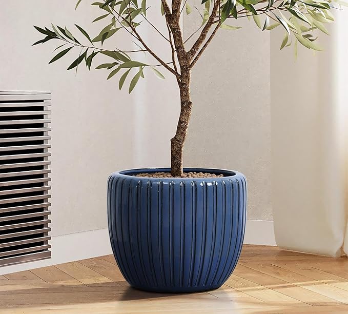 LuxenHome 11" Dia Ceramic Pots for Indoor Plants, Outdoor Large Planters with Drainage Holes and Rubber Plug, Modern Decorative Glazed Flower Pots, Blue Ribbed Round Planters for Home Garden Patio