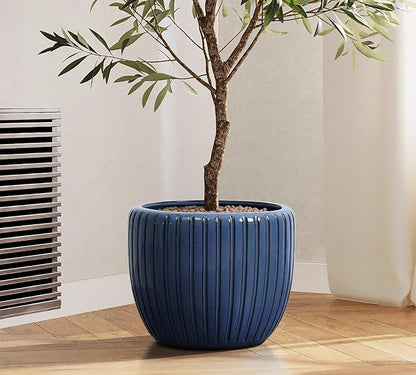 LuxenHome 11" Dia Ceramic Pots for Indoor Plants, Outdoor Large Planters with Drainage Holes and Rubber Plug, Modern Decorative Glazed Flower Pots, Blue Ribbed Round Planters for Home Garden Patio