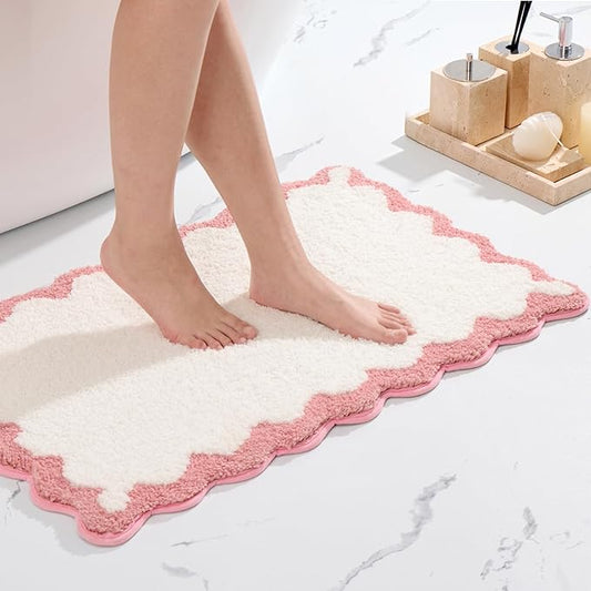ORTIGIA Scalloped Pink Bathroom Rugs Non Slip Washable, Quick Dry Absorbent Soft Plush Microfiber Bath Mats, Bath Rugs for Bathroom Floor for Sink Bedroom, Pink and White, 20x32