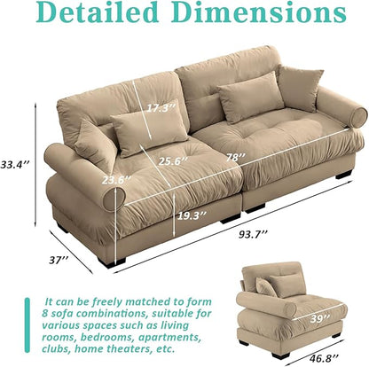 SoarFlash Living Room Velvet Sofa, Loveseat Sofa for Apartment, Storage Sofa with Solid Wood Frame, Easy to Install (93.7inch, Brown)