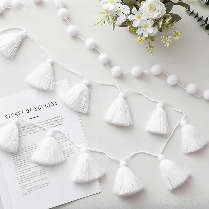 Syhood 4 Pcs Thanksgiving Christmas Pom Pom Tassel Garland Fall Felt Ball Banner Decorative Colorful Pompom Garland for Thanksgiving Autumn Xmas Theme Party Classroom Home Decor(White Color)