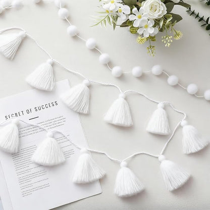 Syhood 4 Pcs Thanksgiving Christmas Pom Pom Tassel Garland Fall Felt Ball Banner Decorative Colorful Pompom Garland for Thanksgiving Autumn Xmas Theme Party Classroom Home Decor(White Color)