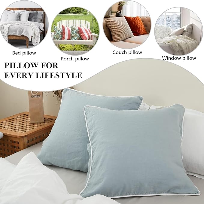 Simple&Opulence 100% Linen Euro Sham Covers with Piping Trim, 26"x26" Pillow Cover Set of 2, Breathable Pillow Shams for Bed Couch Decorative Cushions, Dusty Blue