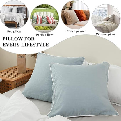 Simple&Opulence 100% Linen Euro Sham Covers with Piping Trim, 26"x26" Pillow Cover Set of 2, Breathable Pillow Shams for Bed Couch Decorative Cushions, Dusty Blue