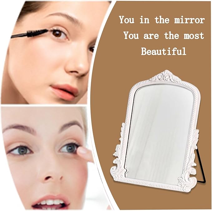 11.8" x 9.6" Small White Arched Vanity Mirror, Vintage Makeup Mirror Baroque Style Arendahl Carved Mirror with Frame for Desk Decorative Table Aesthetic