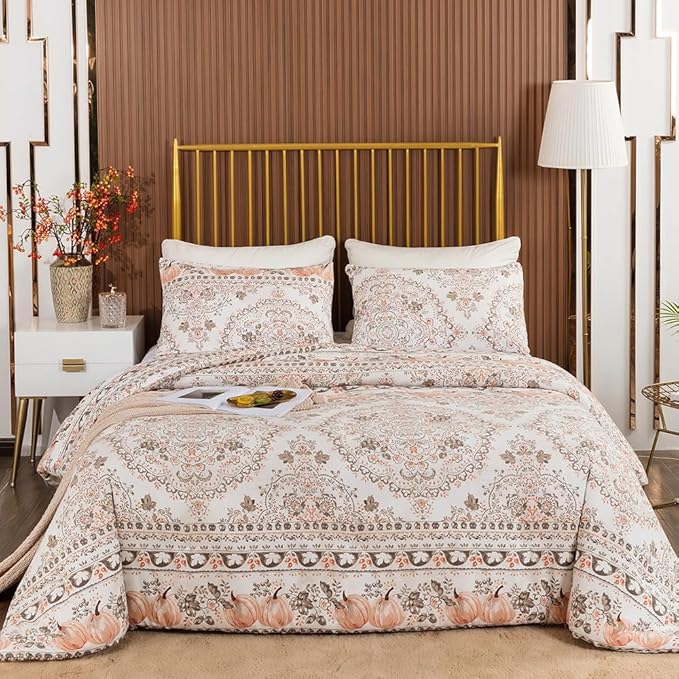 CLOTHKNOW Pumpkin White Floral Queen Comforter Set 3Pcs Botanical Bedding Comforter Sets Boho Comforter Pumpkin Comforter Queen with 2 x Pillow Cases