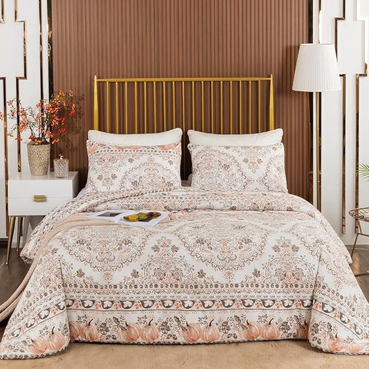 CLOTHKNOW Pumpkin White Floral Queen Comforter Set 3Pcs Botanical Bedding Comforter Sets Boho Comforter Pumpkin Comforter Queen with 2 x Pillow Cases