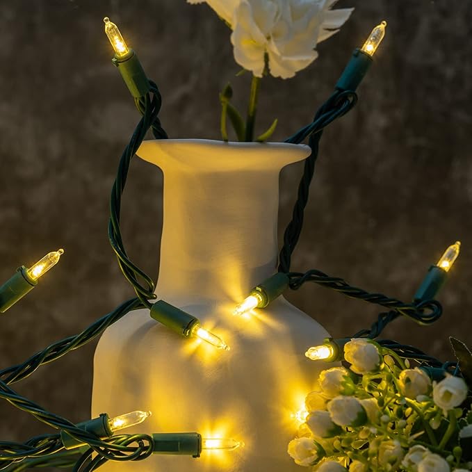 YULETIME Warm White LED Christmas Lights with Green Wire, 33 ft 100 Count UL Certified Commercial Grade Holiday String Light Set (Warm White - Green Wire)