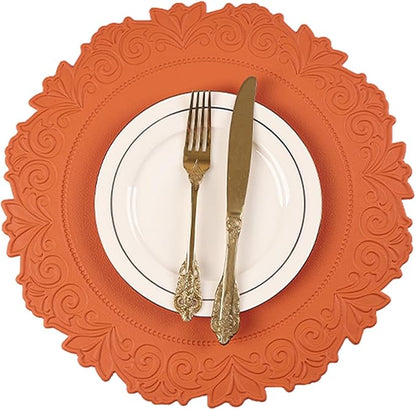 Noctiflorous Round Faux Leather 15 Inch Placemats Set of 6 Waterproof Wipeable Heat Resistant Tablemat for Dining Table Kitchen Non Slip Washable Oilproof Table Place Mat(Pumpkin Orange, 6)