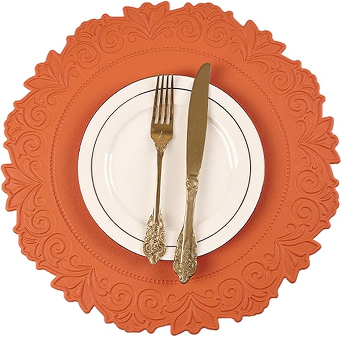 Noctiflorous Round Faux Leather 15 Inch Placemats Set of 4 Waterproof Wipeable Heat Resistant Tablemat for Dining Table Kitchen Non Slip Washable Oilproof Table Place Mat(Pumpkin Orange, 4)
